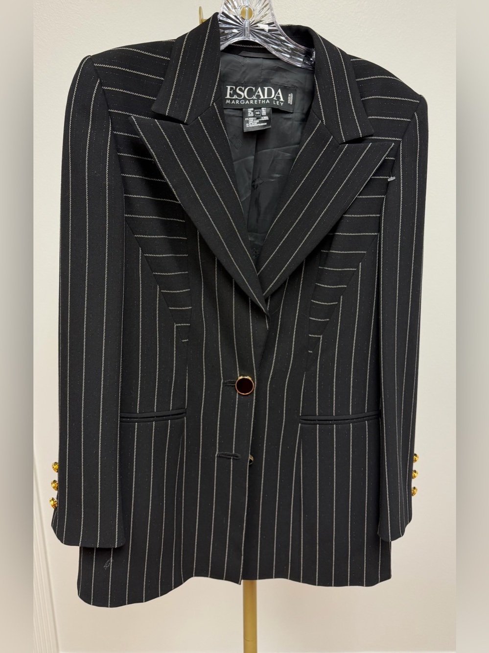 Escada Black Pinstripe Blazer with Gold Buttons Size 36